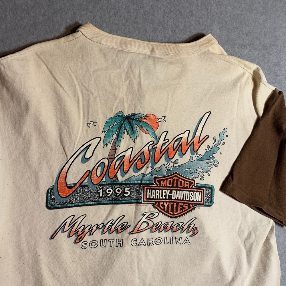 Vintage 1995 Harley Davidson Myrtle Beach Henley Shirt Mens XL Two Tone Cream